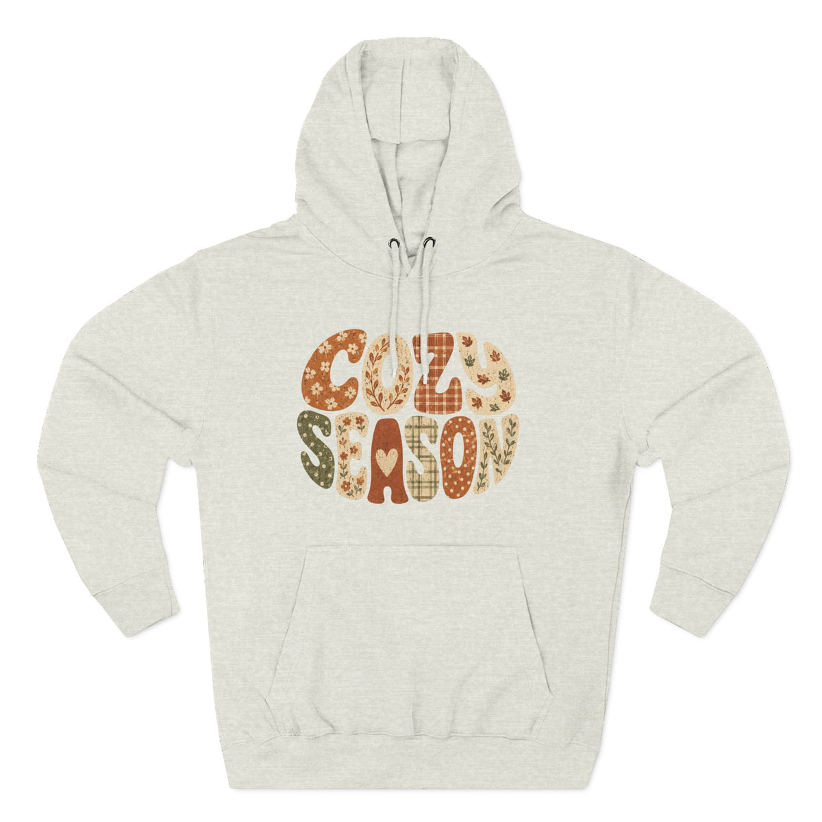 Oatmeal heather fleece pullover hoodie with “COZY SEASON” leopard-style graphic on front