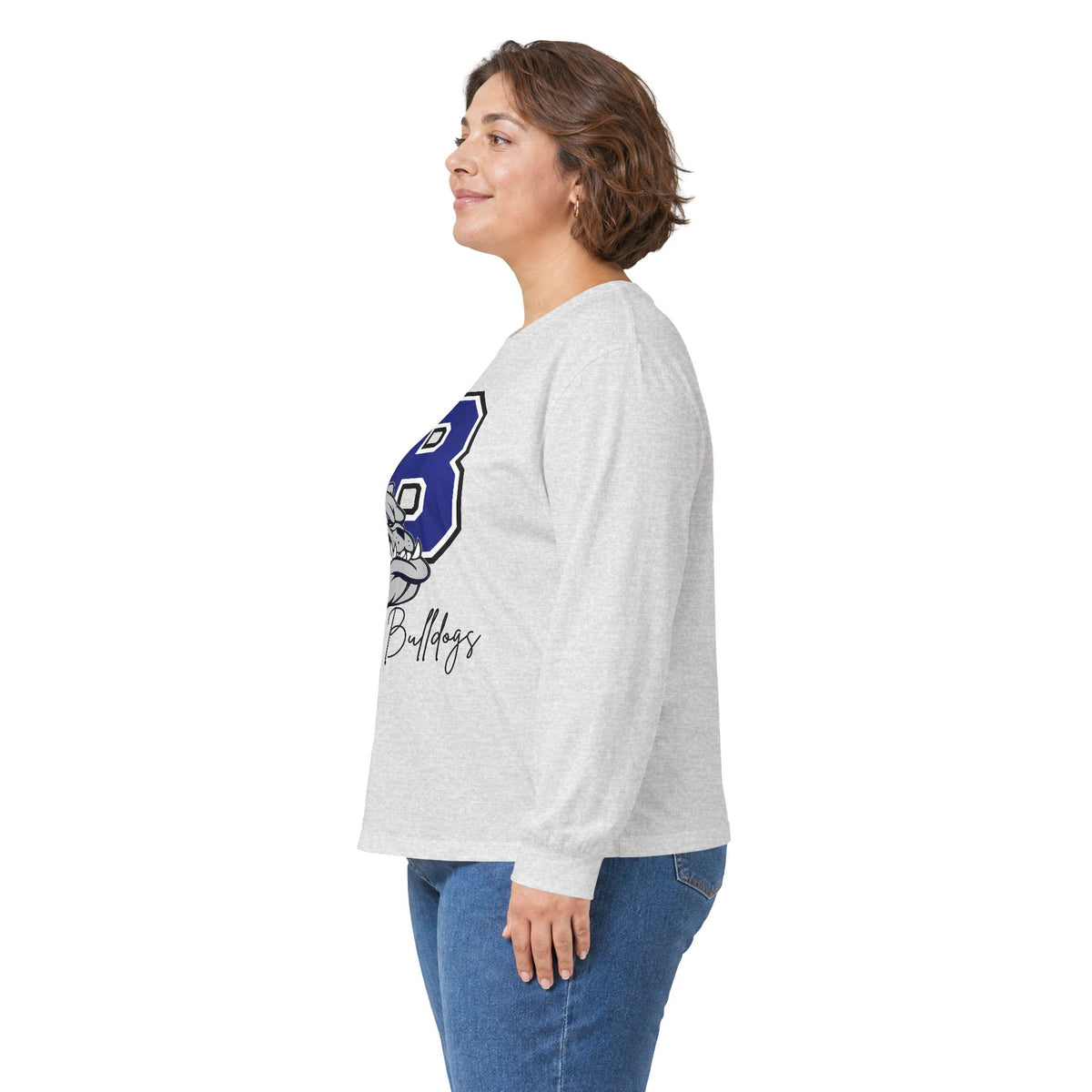 Heather grey long-sleeve crewneck shirt side view with Bulldogs B logo on sleeve