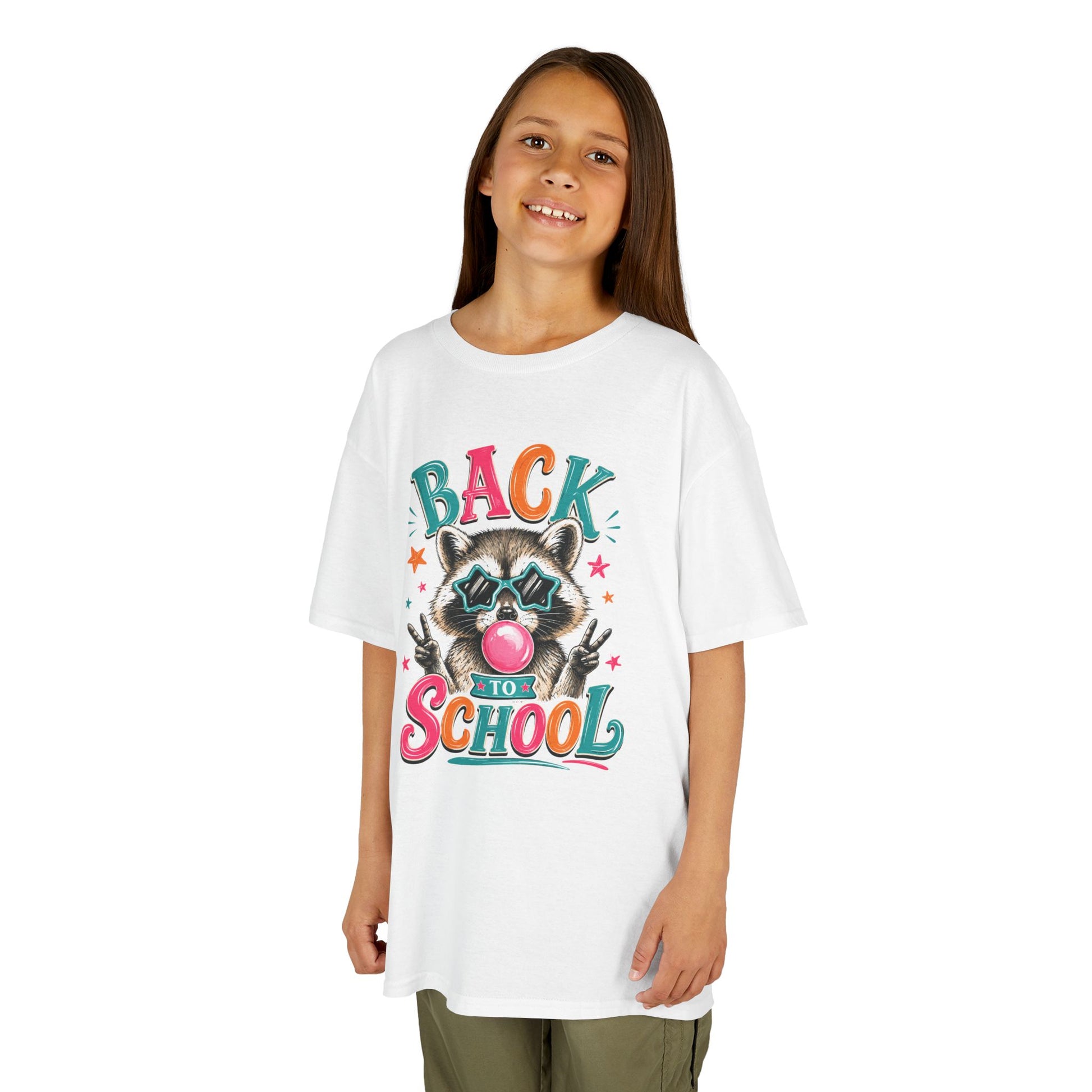 Kids white crewneck T-shirt with large “Back to School” raccoon graphic