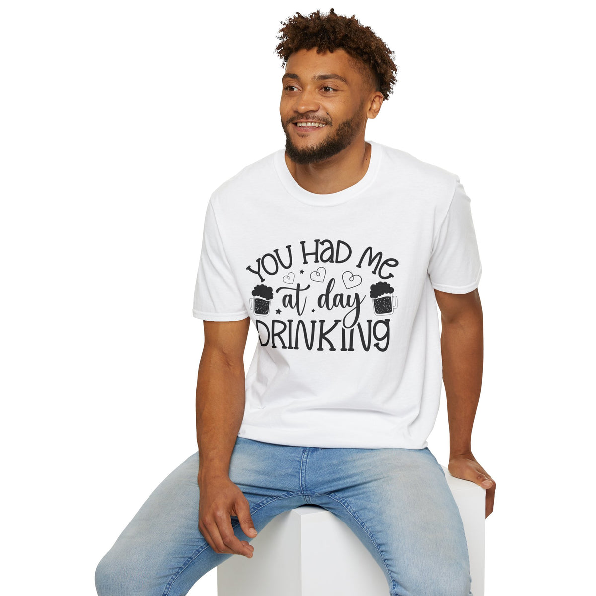 White T-shirt with front slogan 'You Had Me at Day Drinking' and beer mug icons