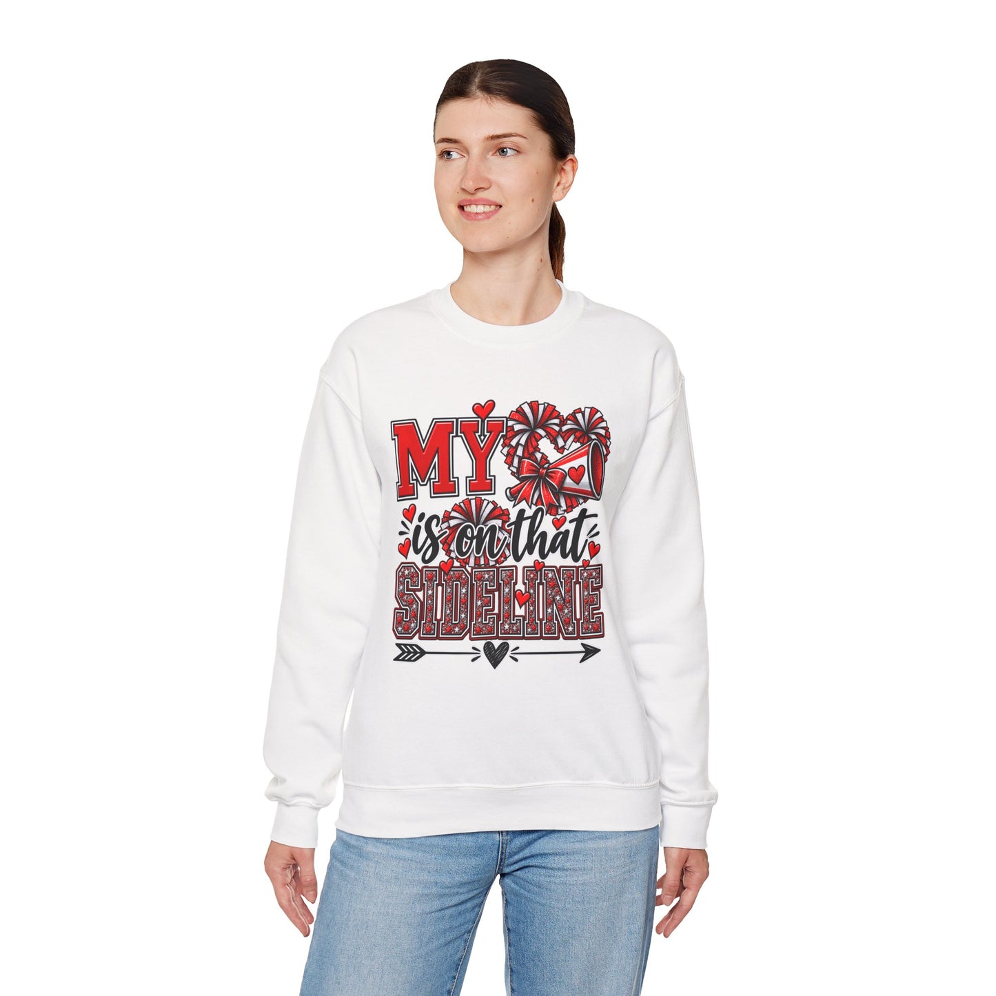 White crewneck sweatshirt with red heart and bold sideline graphic, front view