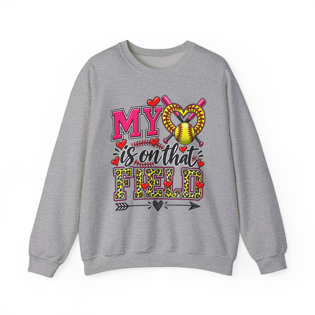 Sport grey crewneck sweatshirt with colorful “My Heart” softball graphic on front