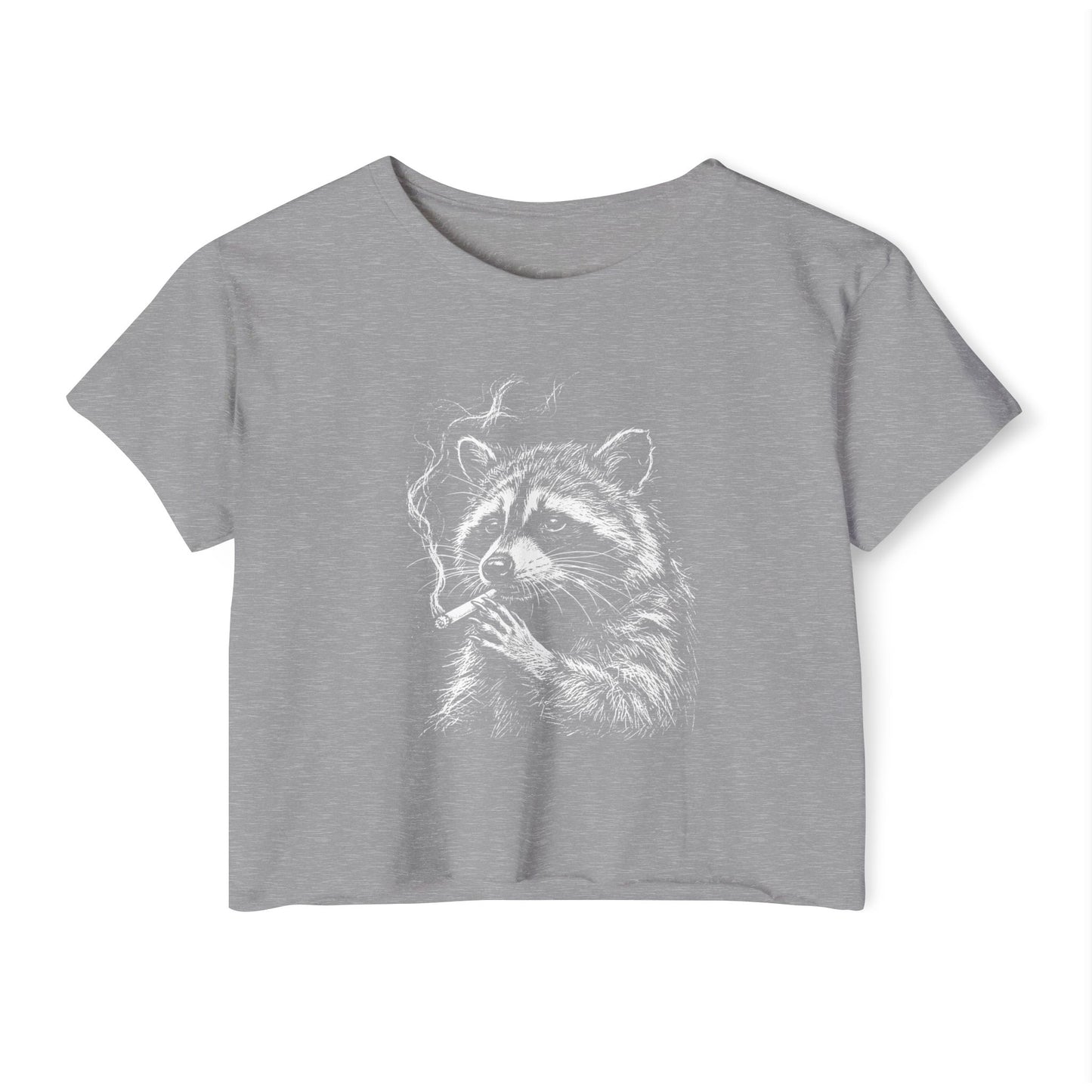 Heather grey crop top with white raccoon face and paw graphic