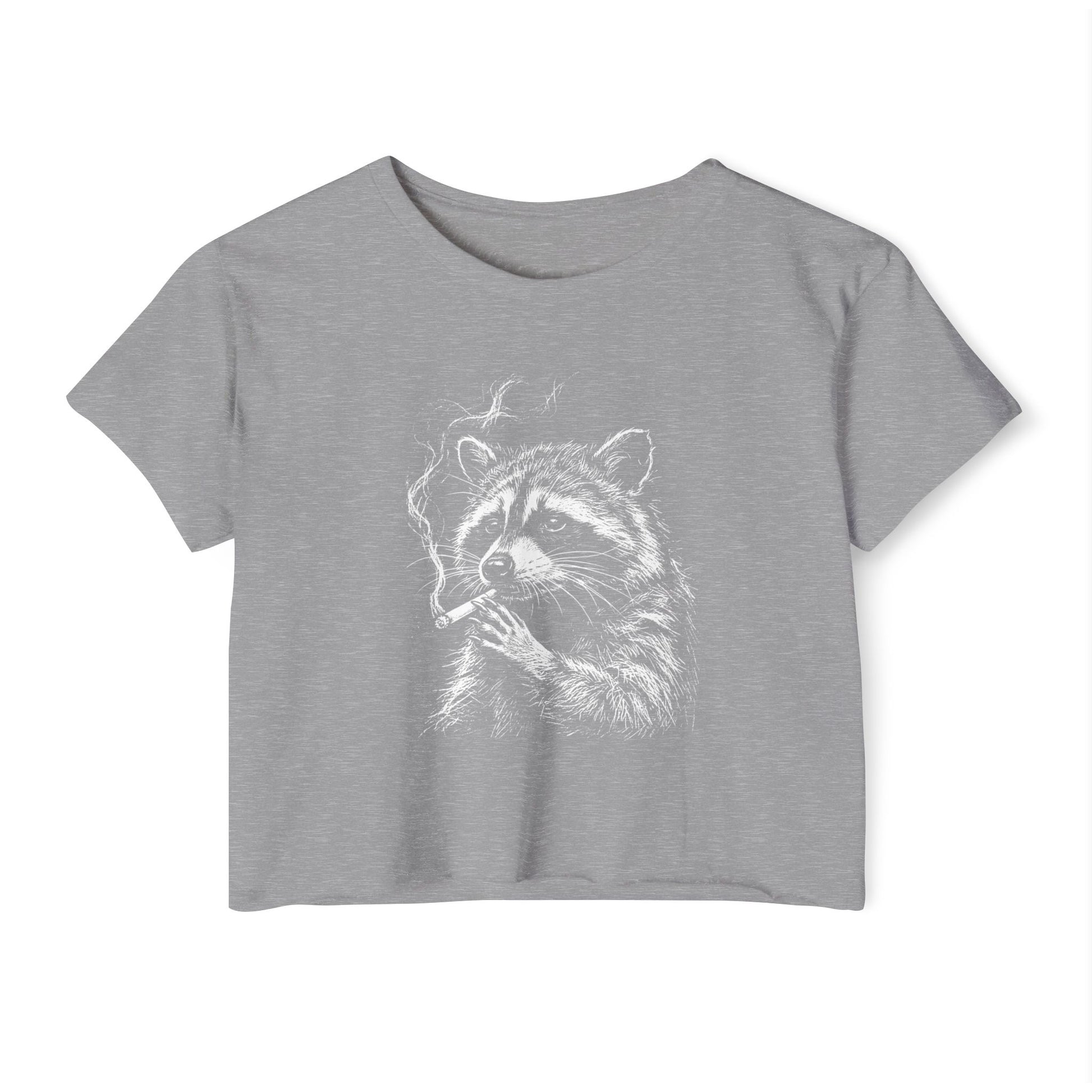 Heather grey crop top with white raccoon face and paw graphic