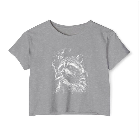 Heather grey crop top with white raccoon face and paw graphic