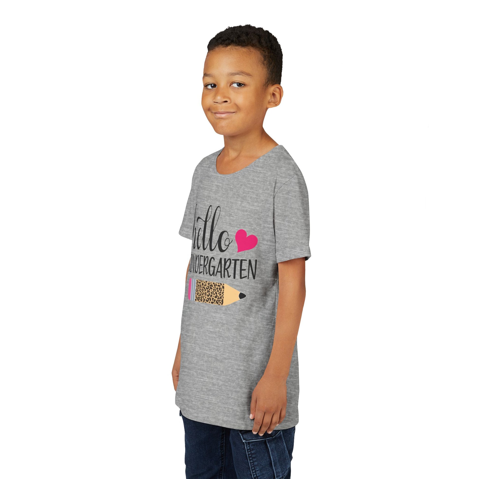 Youth T-shirt, heather gray side view with “hello kindergarten” graphic and pink heart