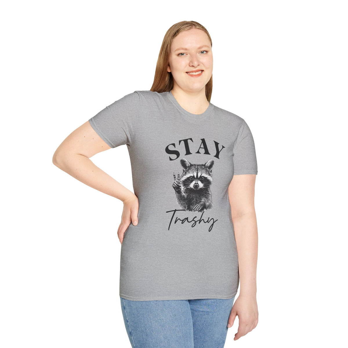 Sport grey raccoon graphic T-shirt on model with “STAY” and “Trashy” front print