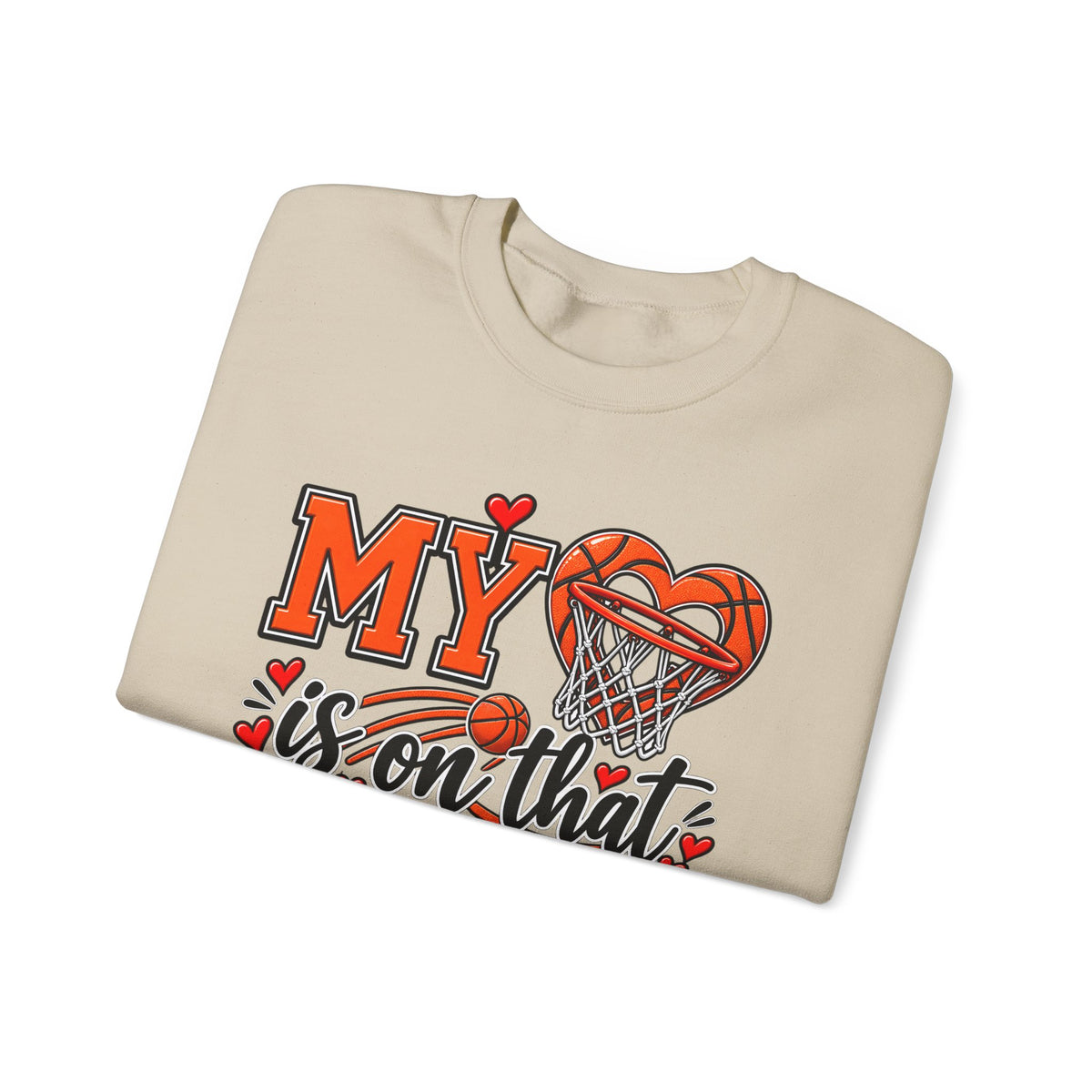 Sand crewneck sweatshirt with basketball heart graphic and “Court” text print