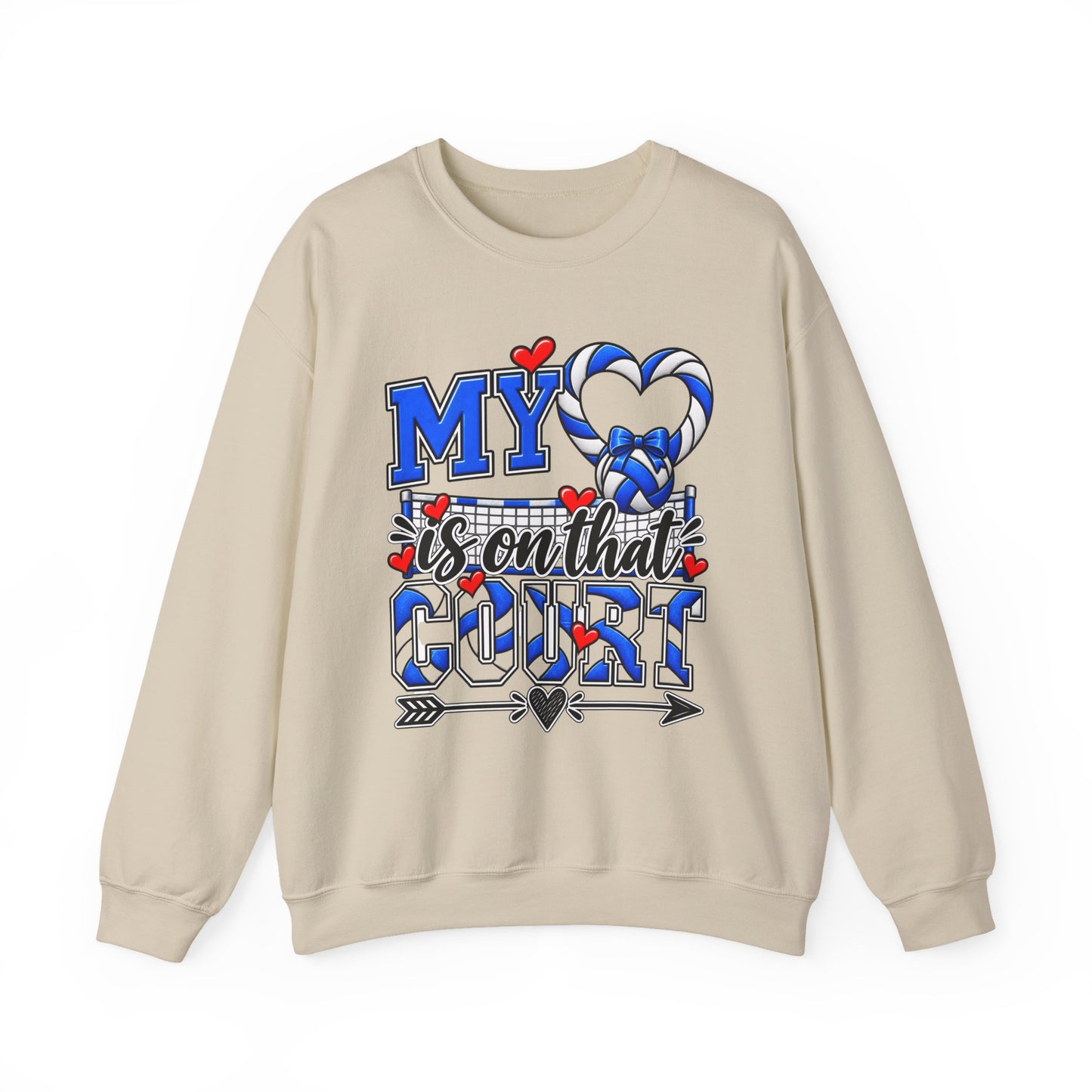 Sand volleyball graphic sweatshirt with blue heart and “My…” court design