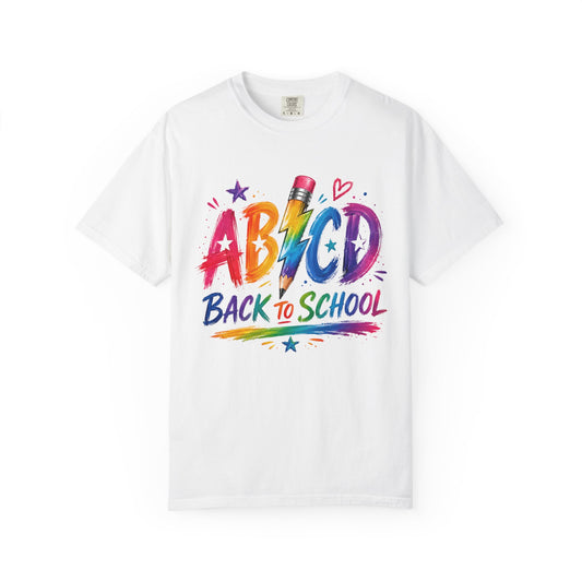 White kids T-shirt with colorful “ABCD” and “Back to School” pencil graphic on front