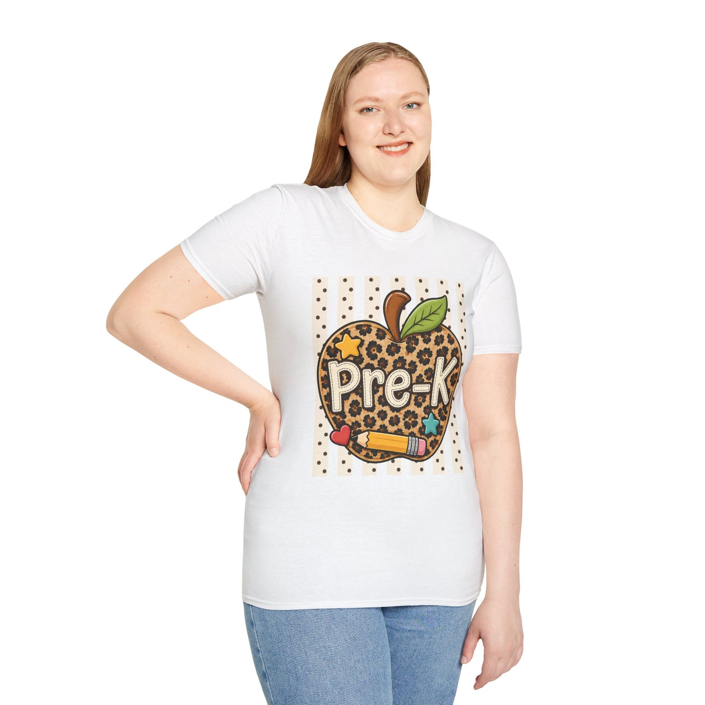 White preschool T-shirt with leopard-print apple “Pre-K” graphic, worn standing