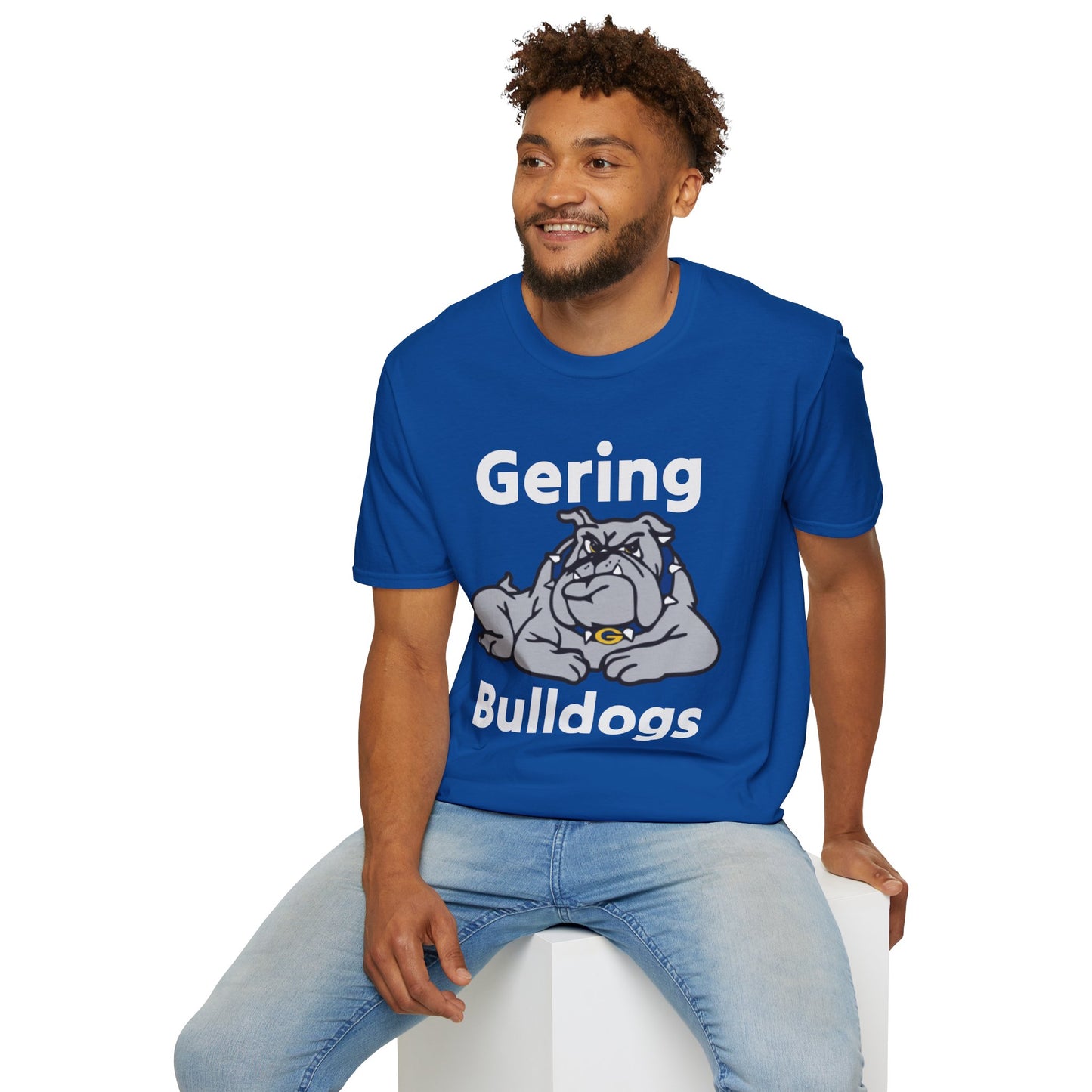 Royal blue t-shirt with Gering Bulldogs logo, bulldog mascot center, short sleeves