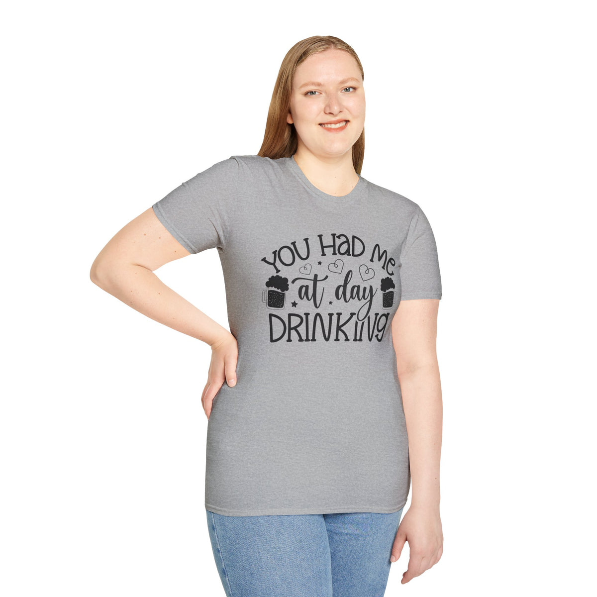 Sport grey T-shirt on model, “You Had Me at Day Drinking” drink graphic centered