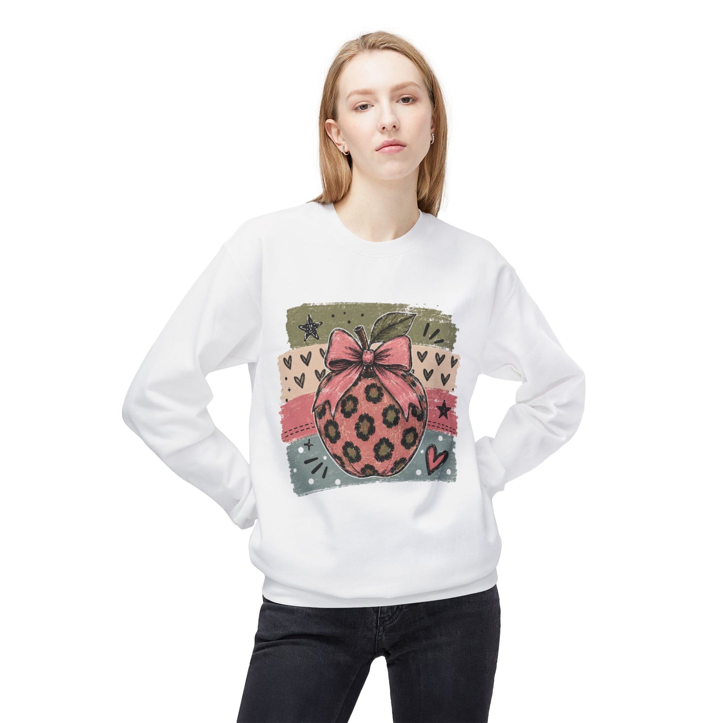 White sweatshirt worn by model, featuring front leopard ornament with pink bow graphic.
