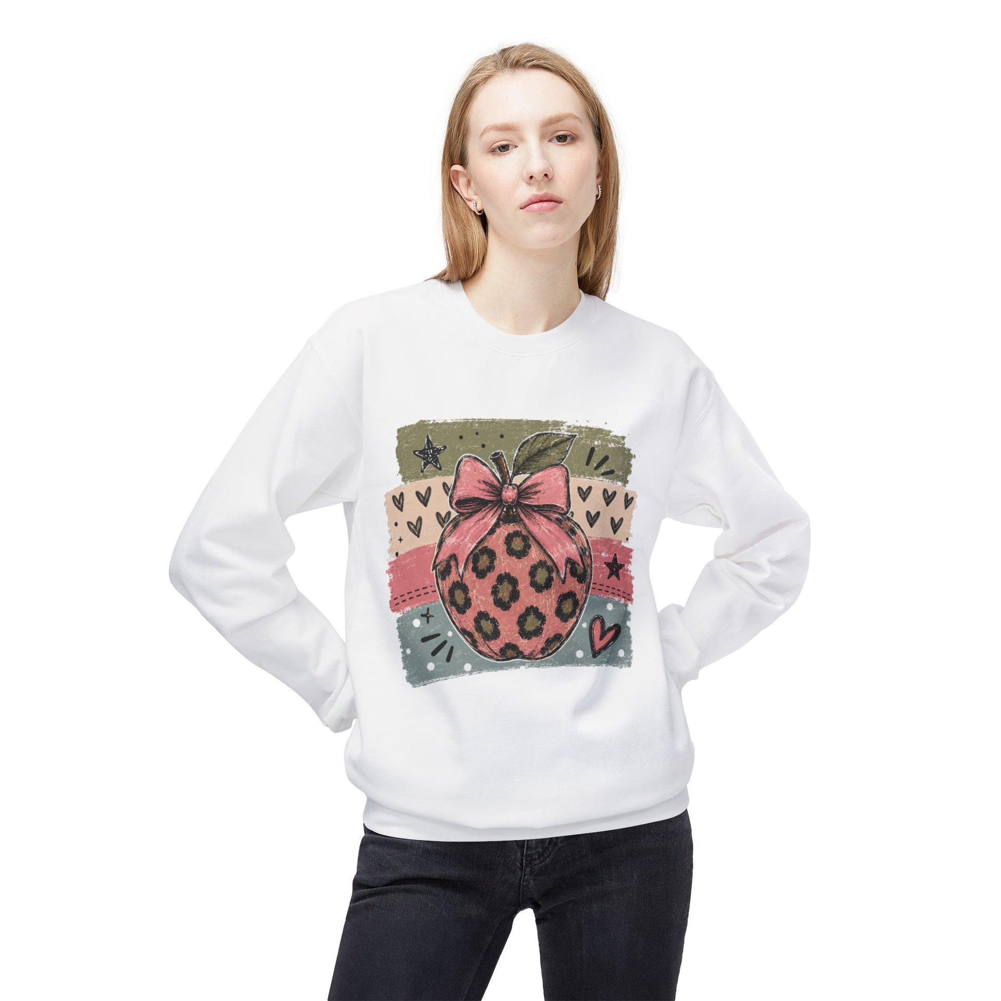 White sweatshirt worn by model, featuring front leopard ornament with pink bow graphic.