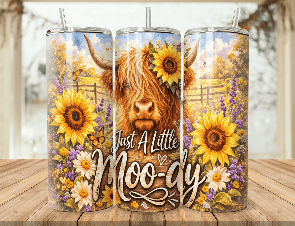 20oz tumbler set with cow and sunflowers, straws, “Just A Little Moo-dy” print