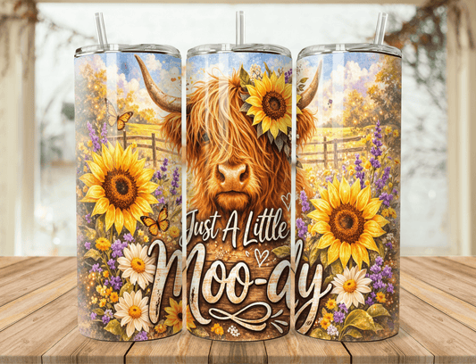 20oz tumbler set with cow and sunflowers, straws, “Just A Little Moo-dy” print