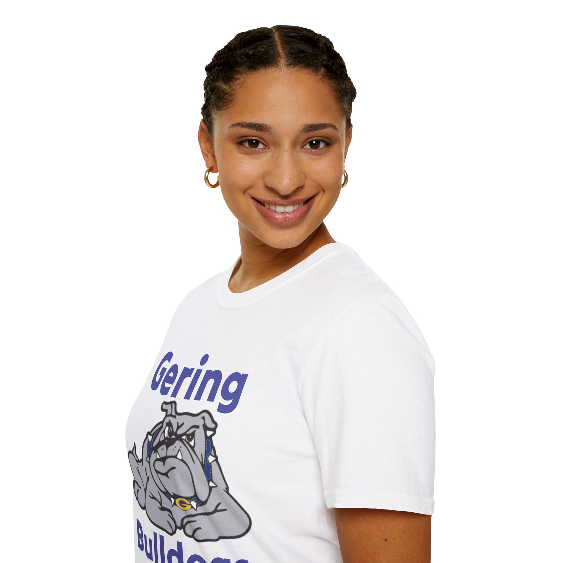 White Bulldogs graphic T-shirt with Gering text and bulldog logo, side view