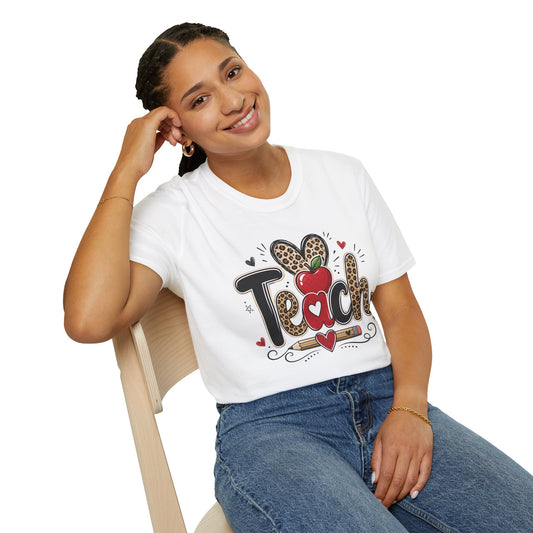 White teacher T-shirt with leopard apple graphic and heart print