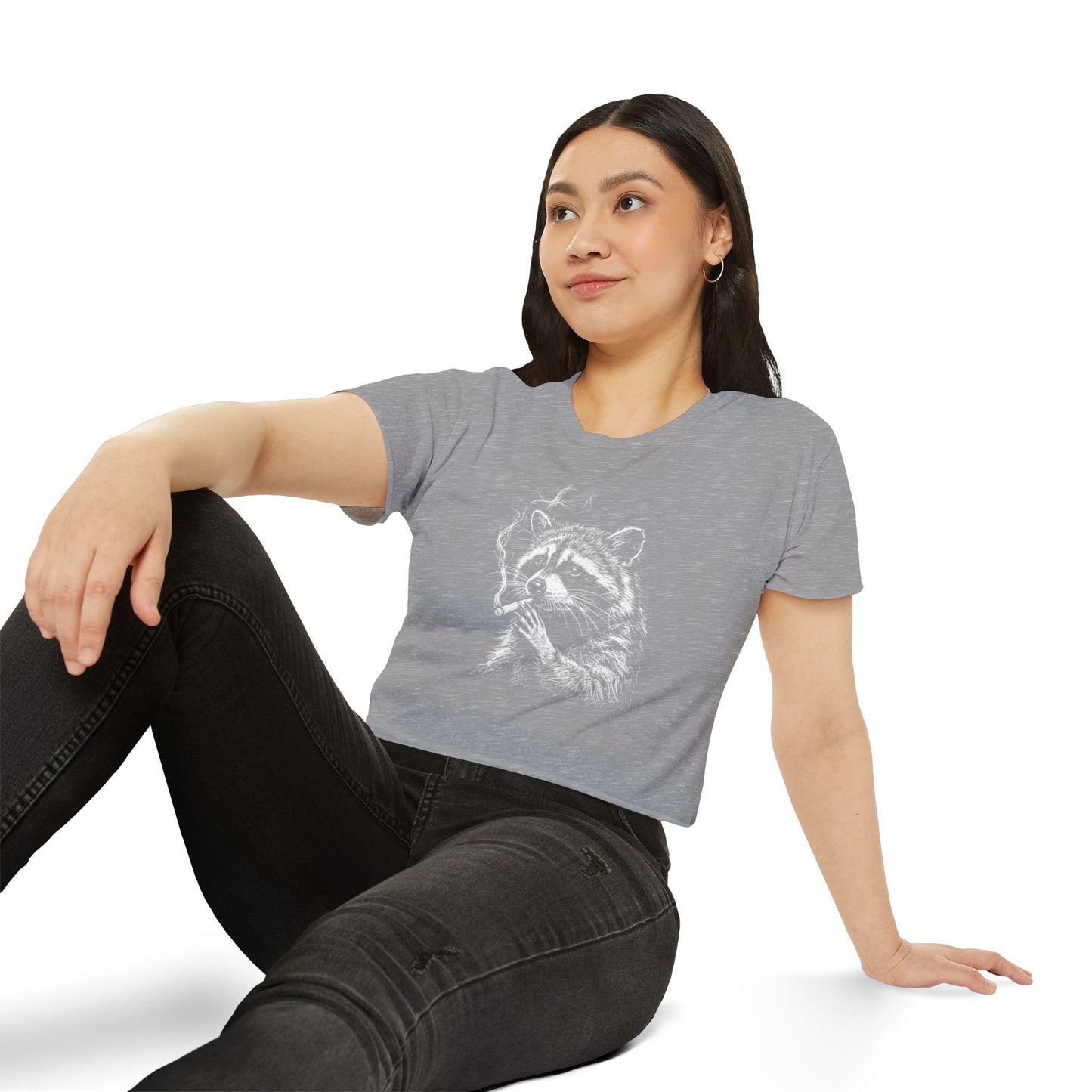 Heather grey short-sleeve crop top with white raccoon graphic worn by model