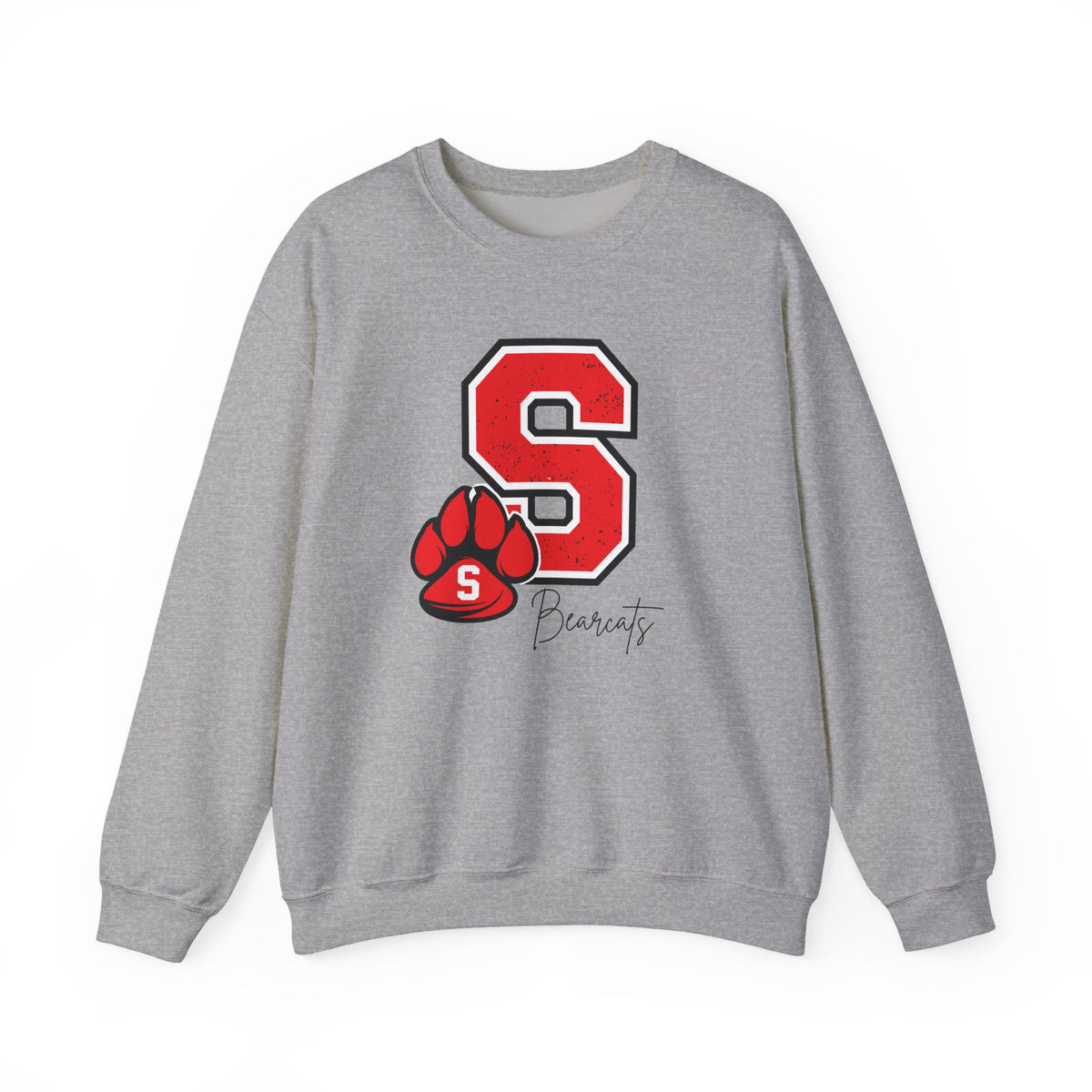 Sport grey crewneck sweatshirt with red S paw graphic and cursive logo