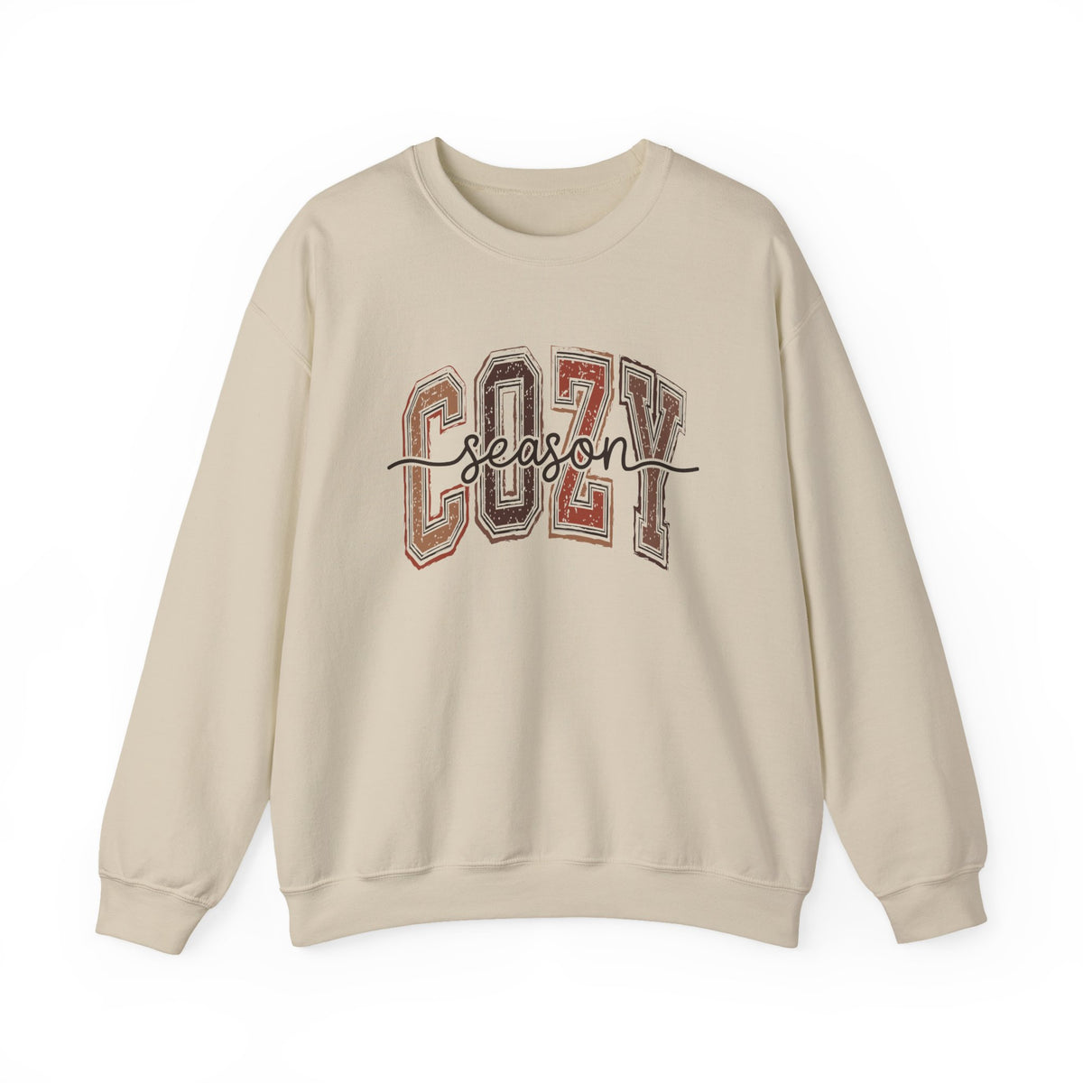 Sand crewneck sweatshirt with Cozy Season graphic front