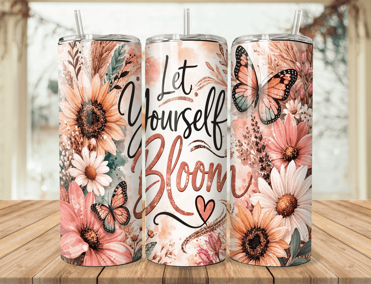 20oz floral tumblers with straws, orange-pink blooms & butterfly accents, “Let Yourself Bloom”