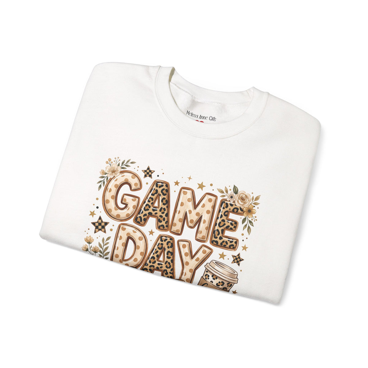 White crewneck sweatshirt with “GAME DAY” front graphic and leopard bow accents