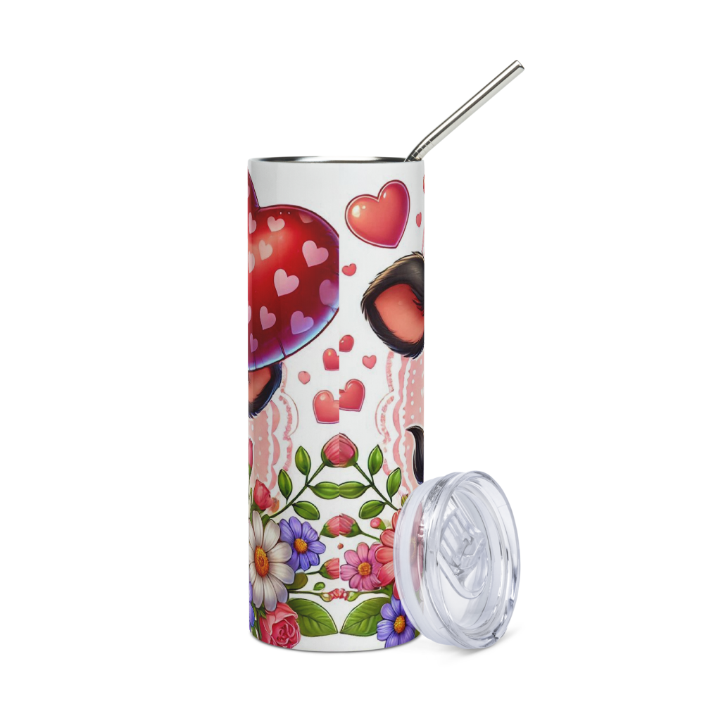 Insulated tumbler with straw and hinged lid, hearts and flowers with calf design