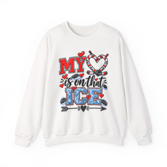 White sweatshirt with red heart ice skate graphic on the front