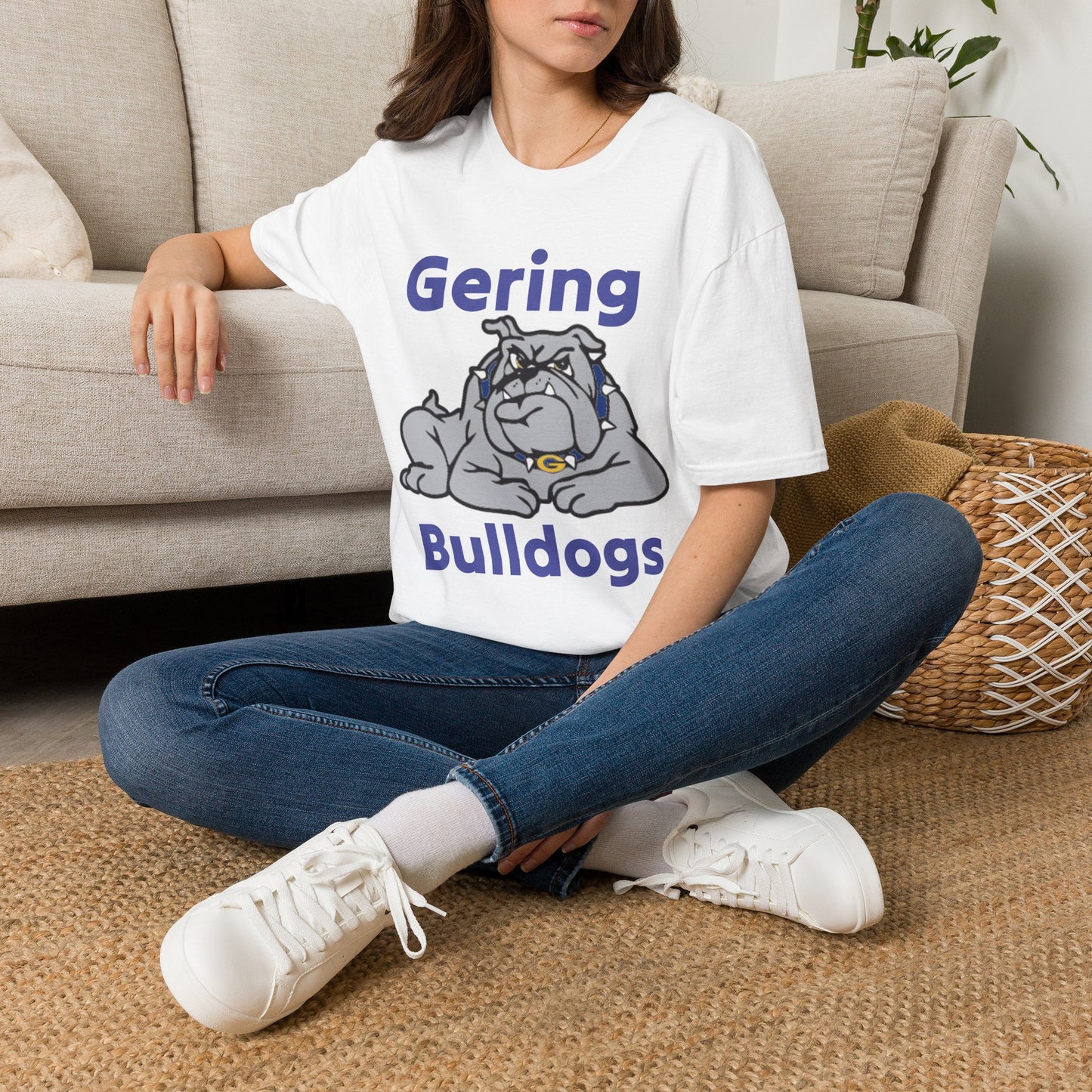 White Bulldogs graphic T-shirt with Gering text and bulldog logo, worn by model