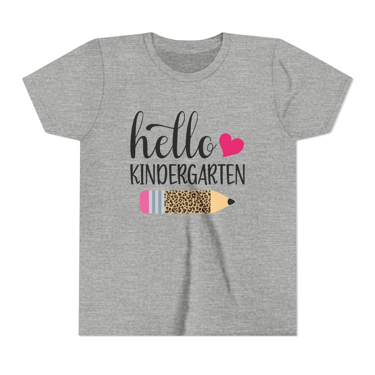Heather gray youth T-shirt with 'Hello Kindergarten' graphic, pink heart pencil design