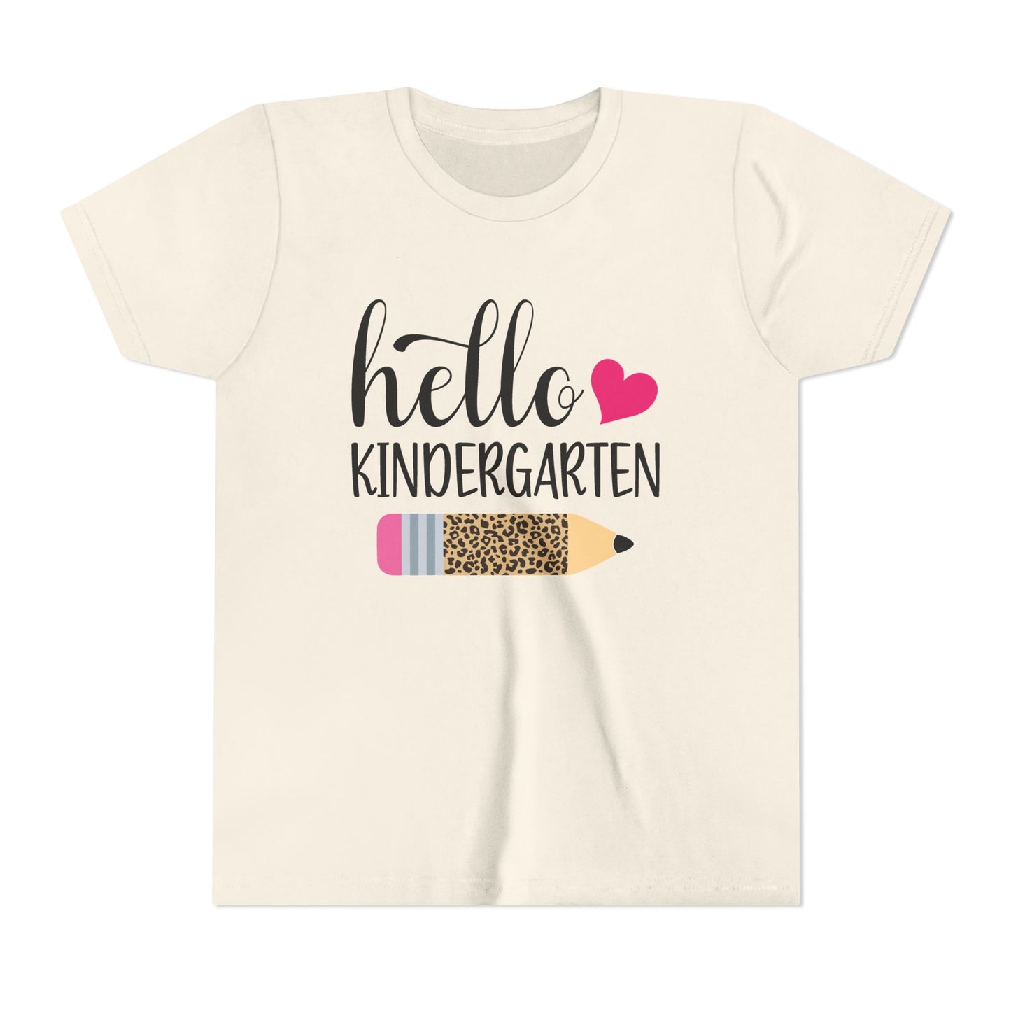 Natural youth T-shirt with 'Hello Kindergarten' graphic, pink heart and pencil design