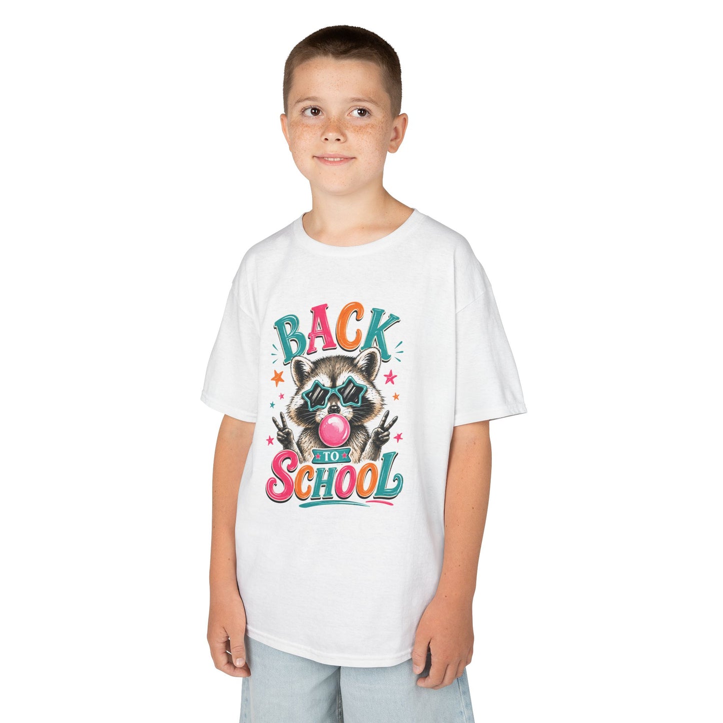 Kids white crewneck T-shirt with “Back to School” raccoon graphic on chest
