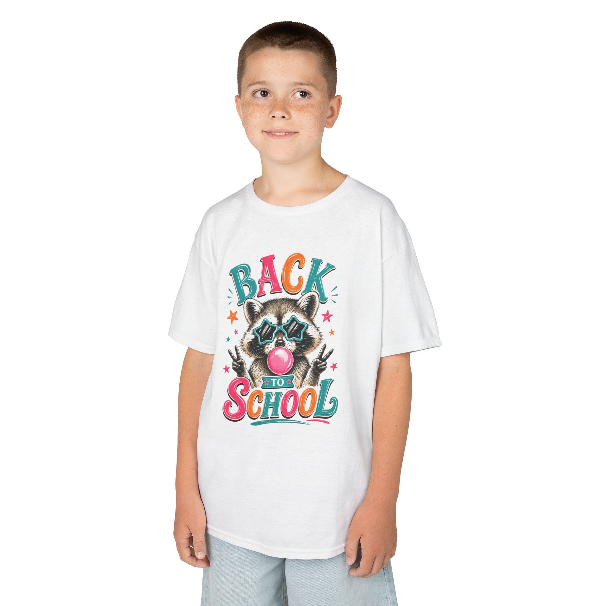 Kids white crewneck T-shirt with “Back to School” raccoon graphic on chest