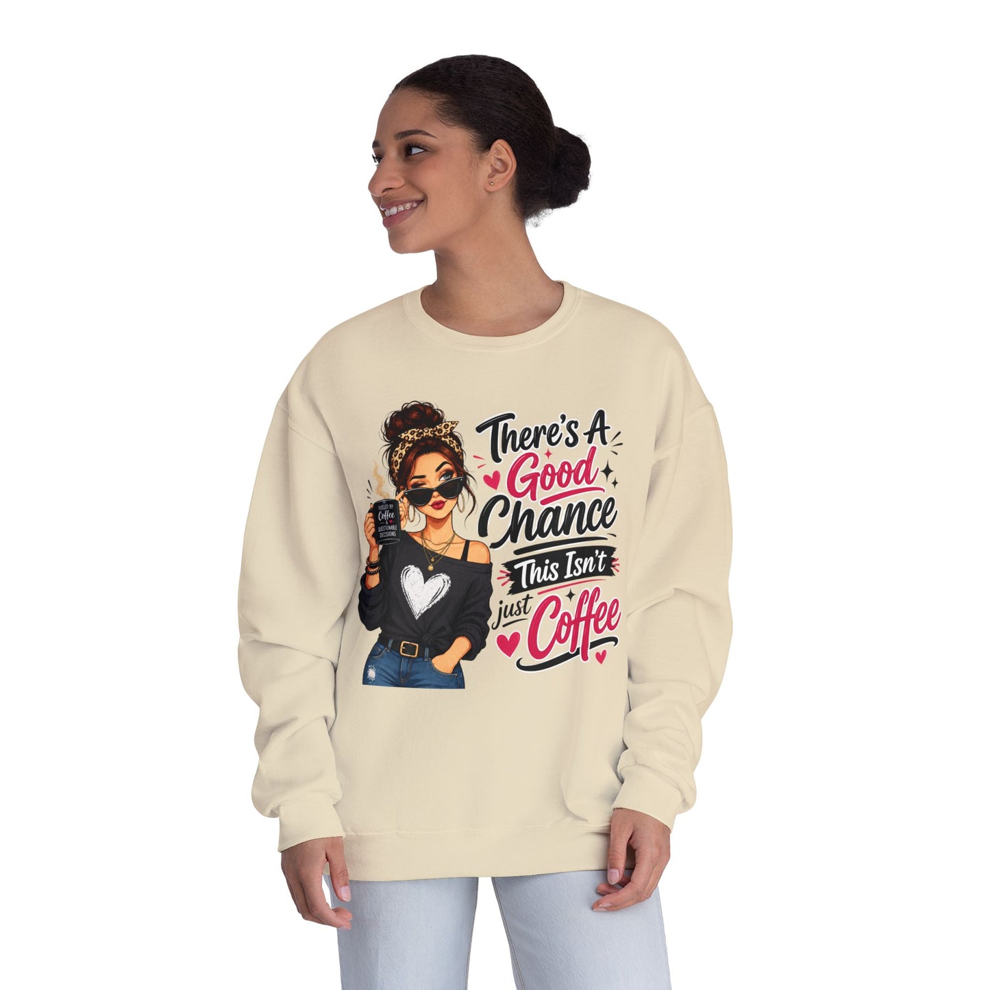 Beige crewneck sweatshirt with woman holding coffee graphic and slogan, worn