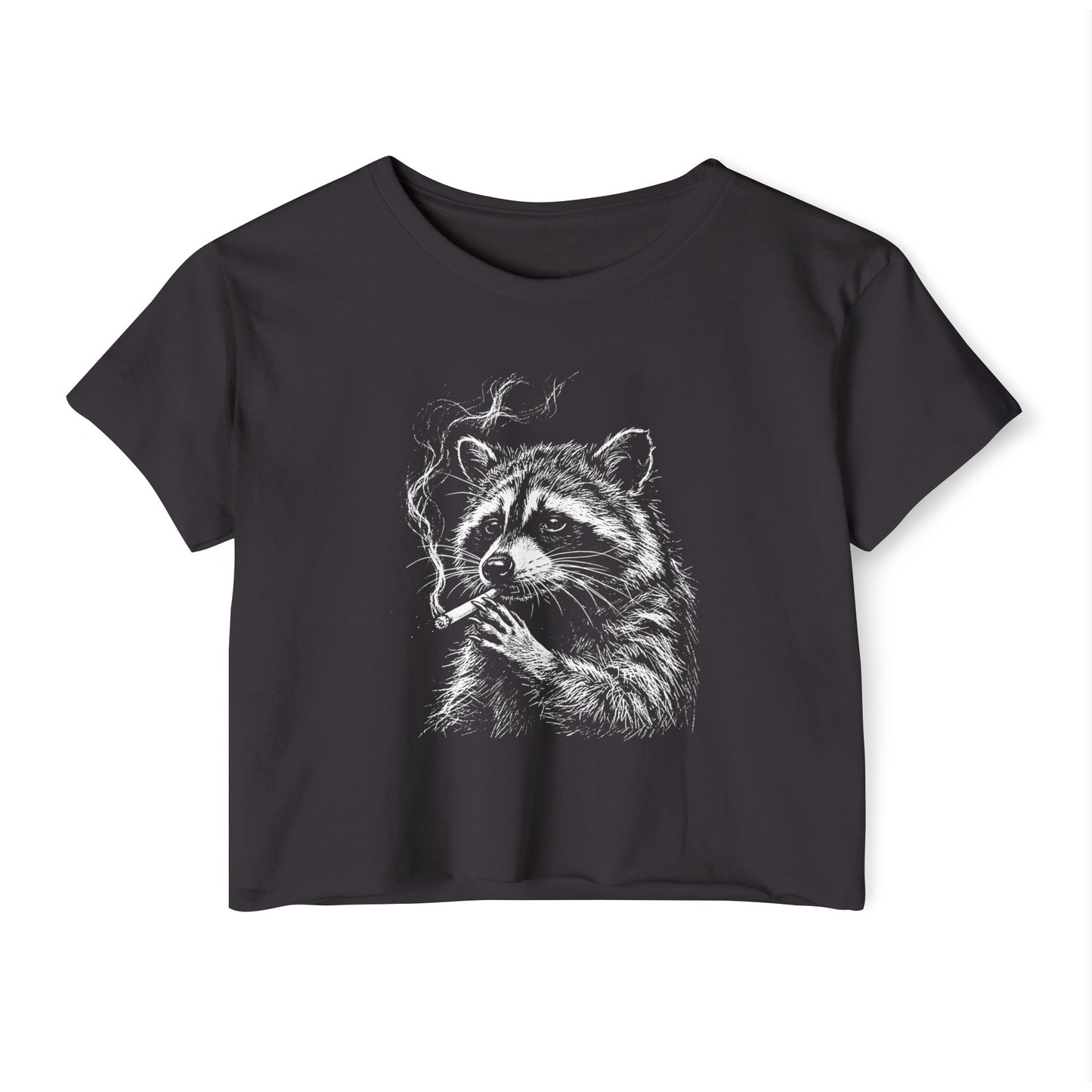 Black crop top with white raccoon face and paw graphic