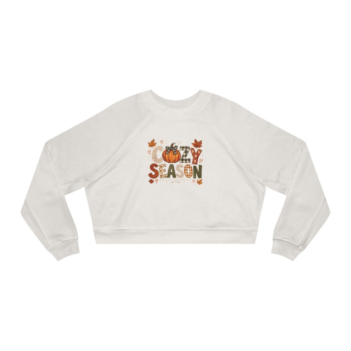 Cropped white sweatshirt with fall 'Season' pumpkin and leaf graphic