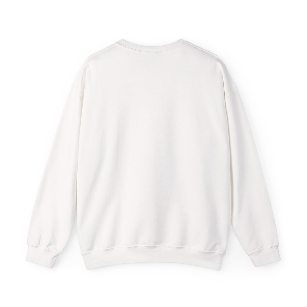 White crewneck sweatshirt back view, plain with no visible front graphic