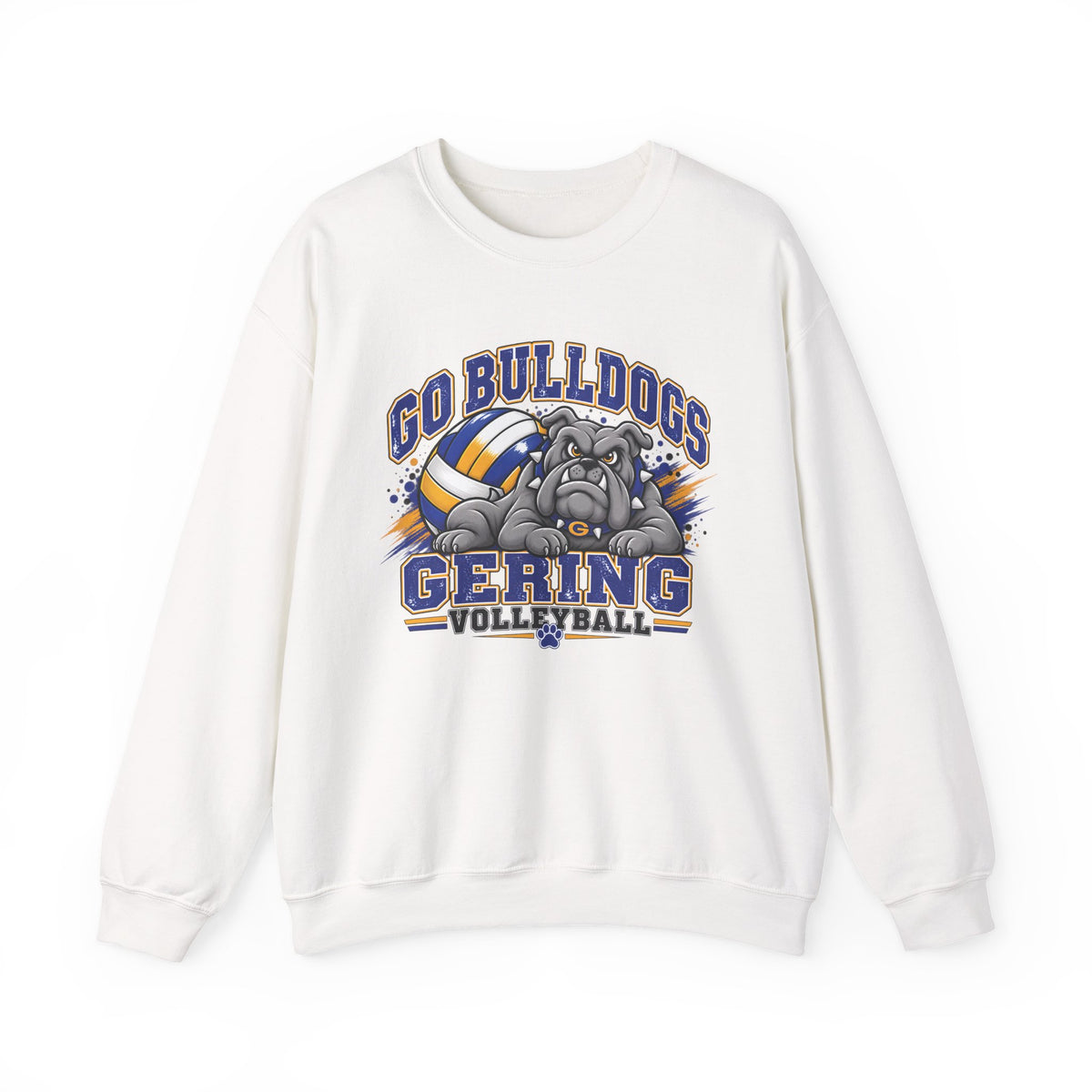 White crewneck sweatshirt with bulldog and volleyball team graphic on the front, long sleeves
