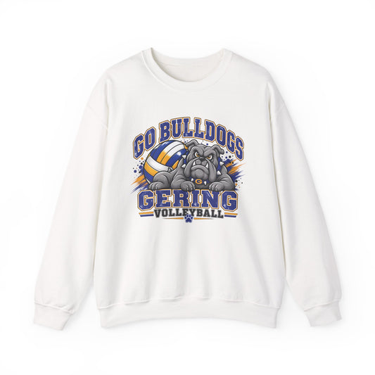 White crewneck sweatshirt with bulldog and volleyball team graphic on the front, long sleeves