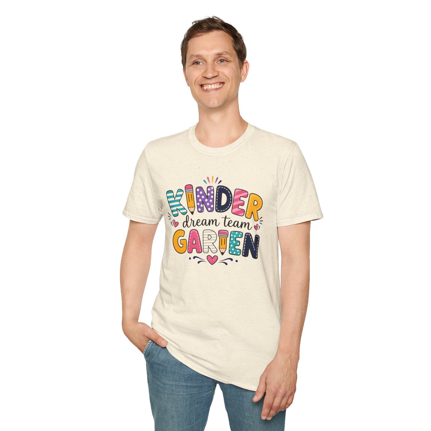 Natural/off-white crew-neck T-shirt with colorful “Kinder Dream Team Garden” graphic print.