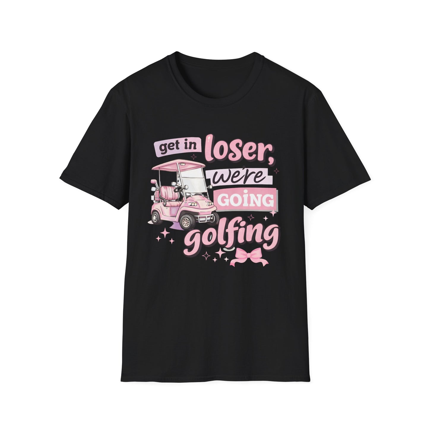 Black golfing graphic T-shirt with pink cart and “we’re going golfing” lettering