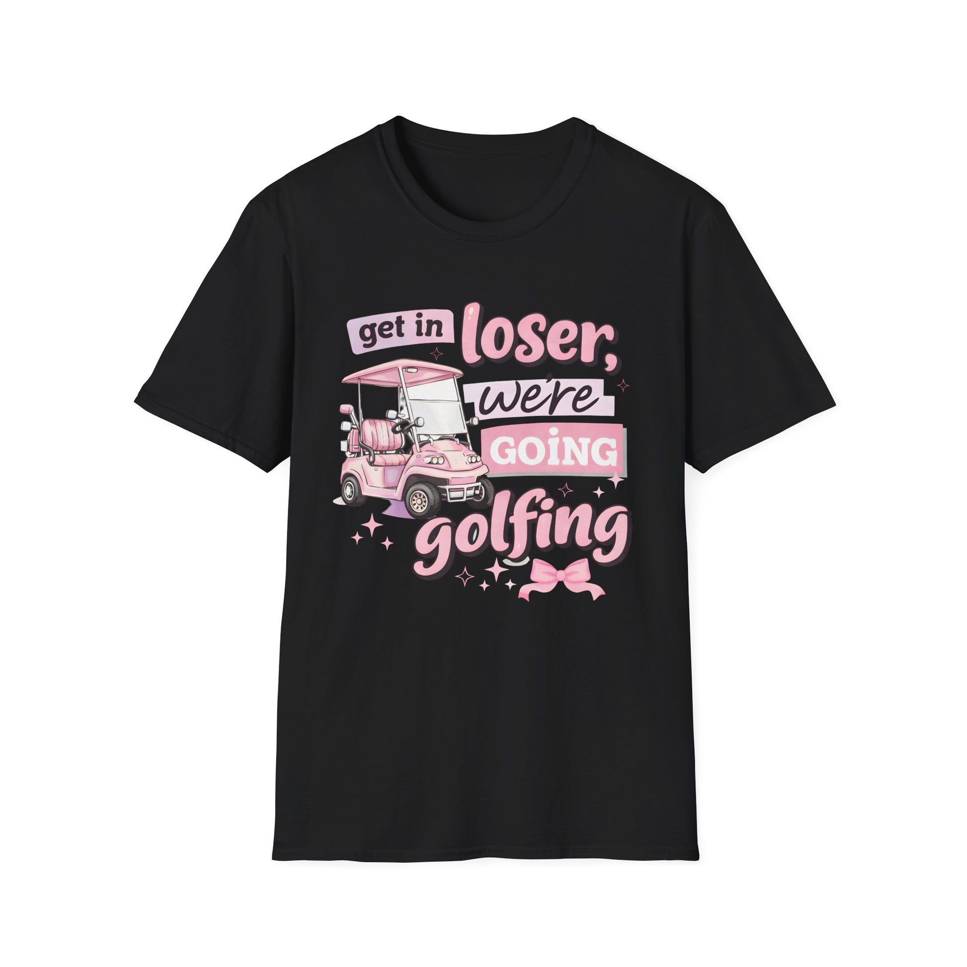 Black golfing graphic T-shirt with pink cart and “we’re going golfing” lettering