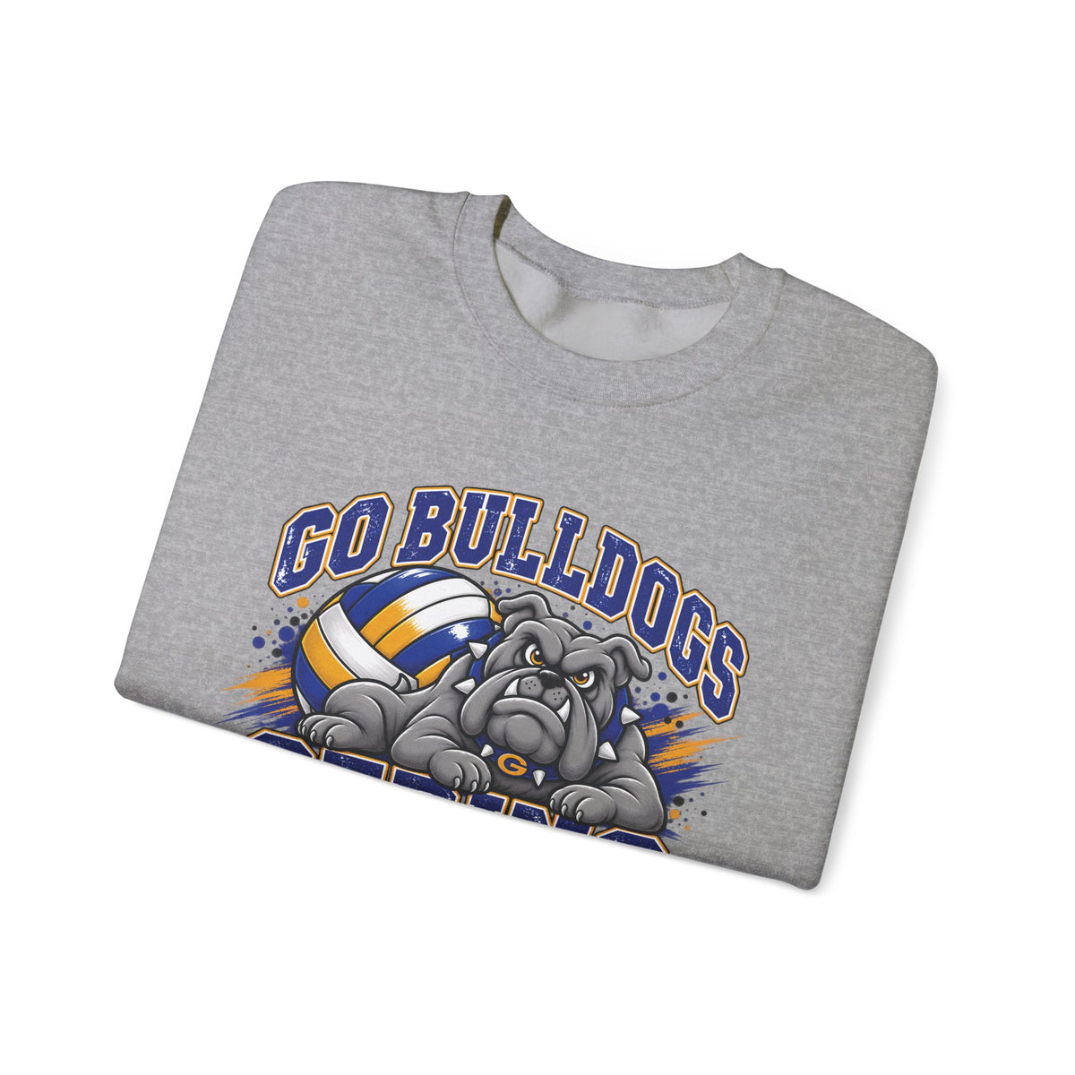 Heather grey crewneck sweatshirt, flat lay, with bulldog and volleyball team graphic