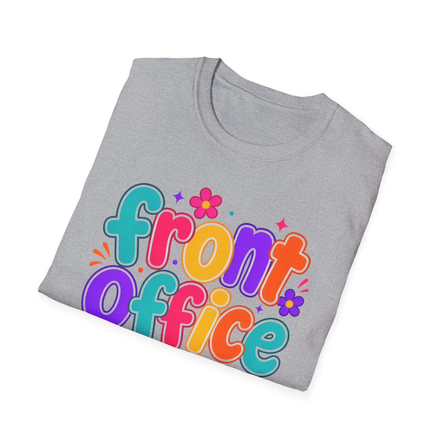 Light grey T-shirt with colorful retro floral “front office” front design