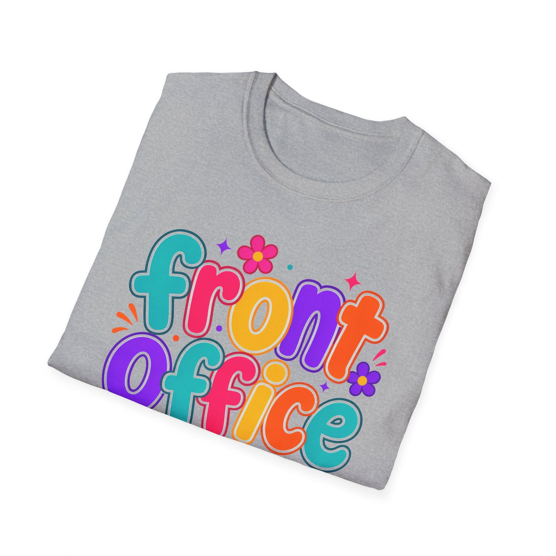 Light grey T-shirt with colorful retro floral “front office” front design