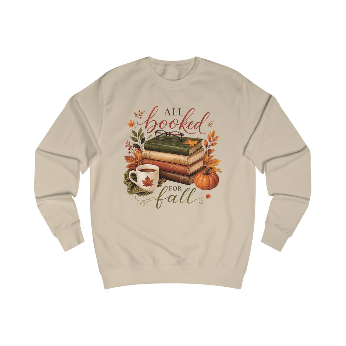 Nude crewneck sweatshirt with fall books, coffee cup, pumpkin front graphic