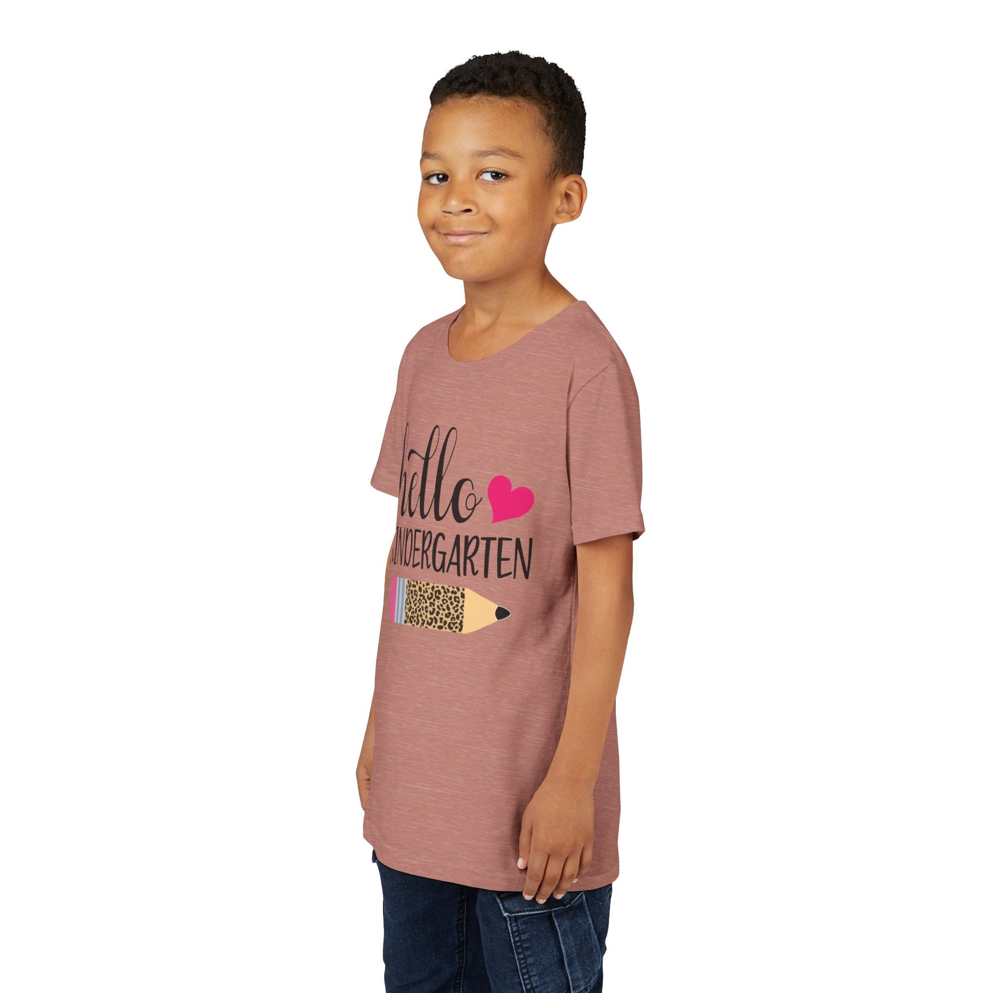 Mauve youth T-shirt on child model with 'Hello Kindergarten' pink heart pencil graphic