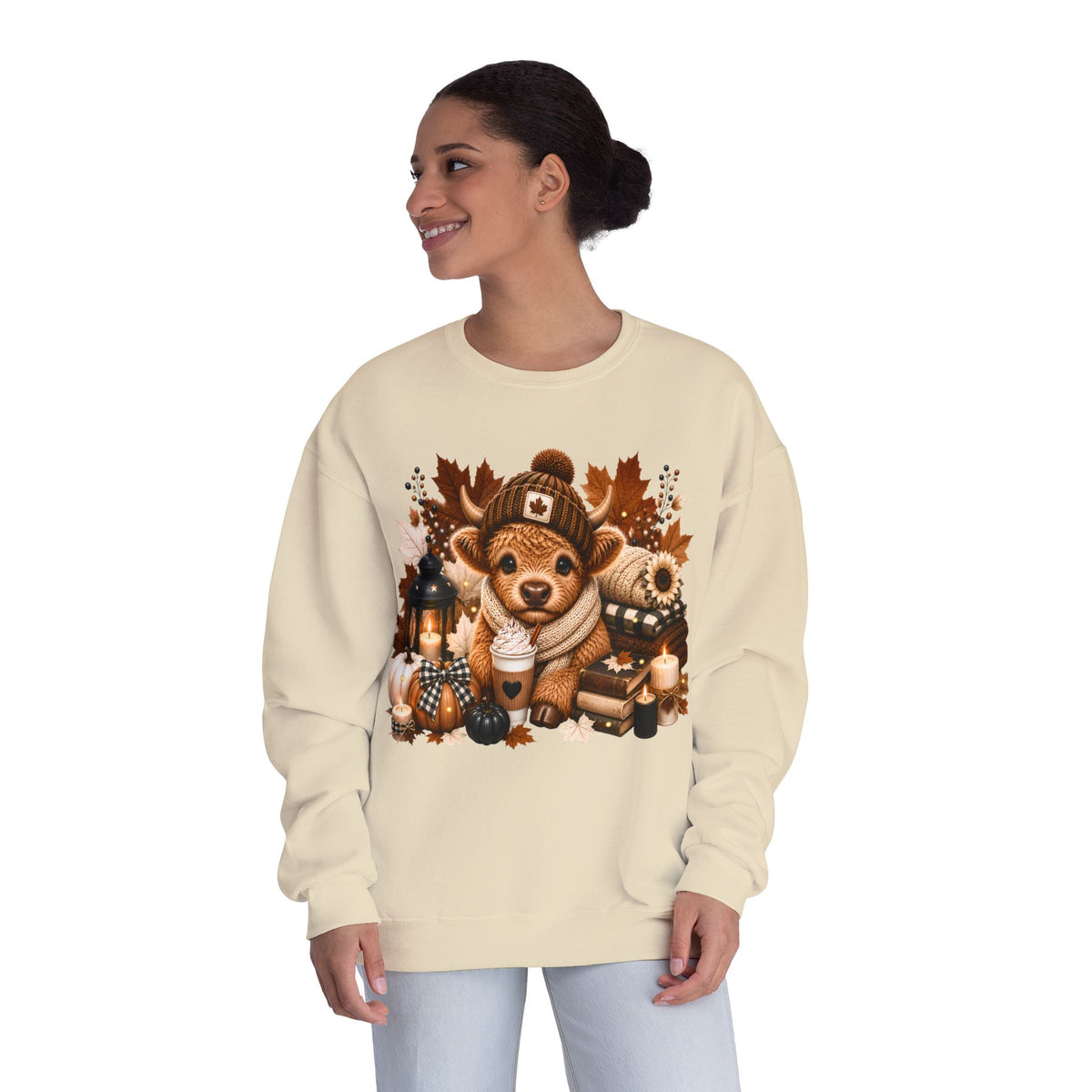 Sandstone crewneck sweatshirt with autumn corgi and lanterns graphic, side view